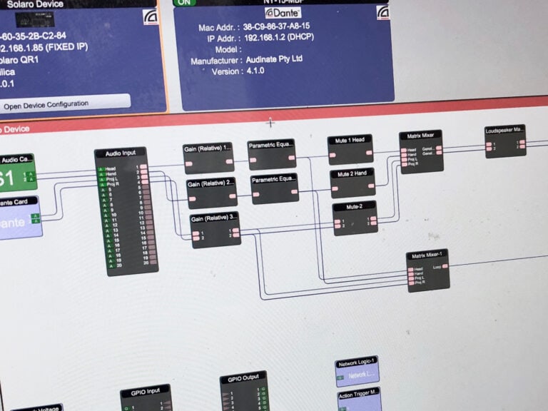 Design och programmering av Xilica Solaro QR-1 i mjukvaran XilicaDesigner. Här ses ingångar som via matriser matar hörslinga samt högtalare i rummet.